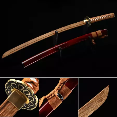 Handmade Japanese Wooden Unsharp Katana Sword With Brown Blade And Red Scabbard