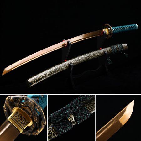 Golden Blade Katana, Handmade Japanese Katana Sword High Manganese Steel With Snake Tsuba