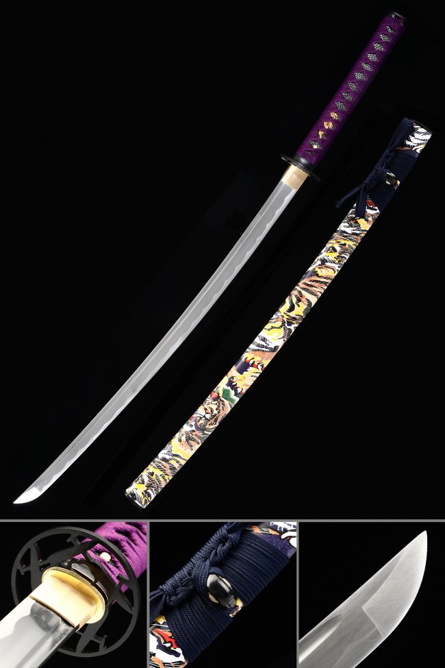 1060 Carbon Steel Katana with Purple Tsuka Wrap and Crane-Print Hardwood Saya