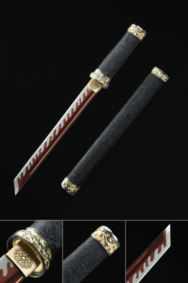 Clay Tempered 1045 Carbon Steel Tanto with Red Blade and Gold Floral Fittings in Black PU Leather Saya