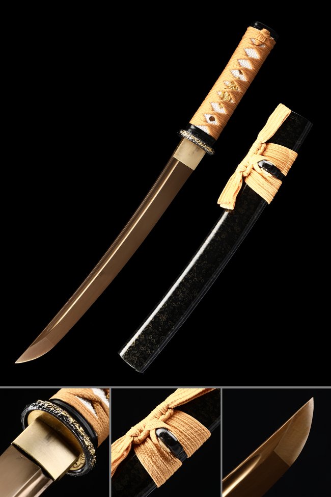 1045 Carbon Steel Tanto Sword with Golden Blade in Black Piano Lacquer Saya - Burlywood Ito Wrap
