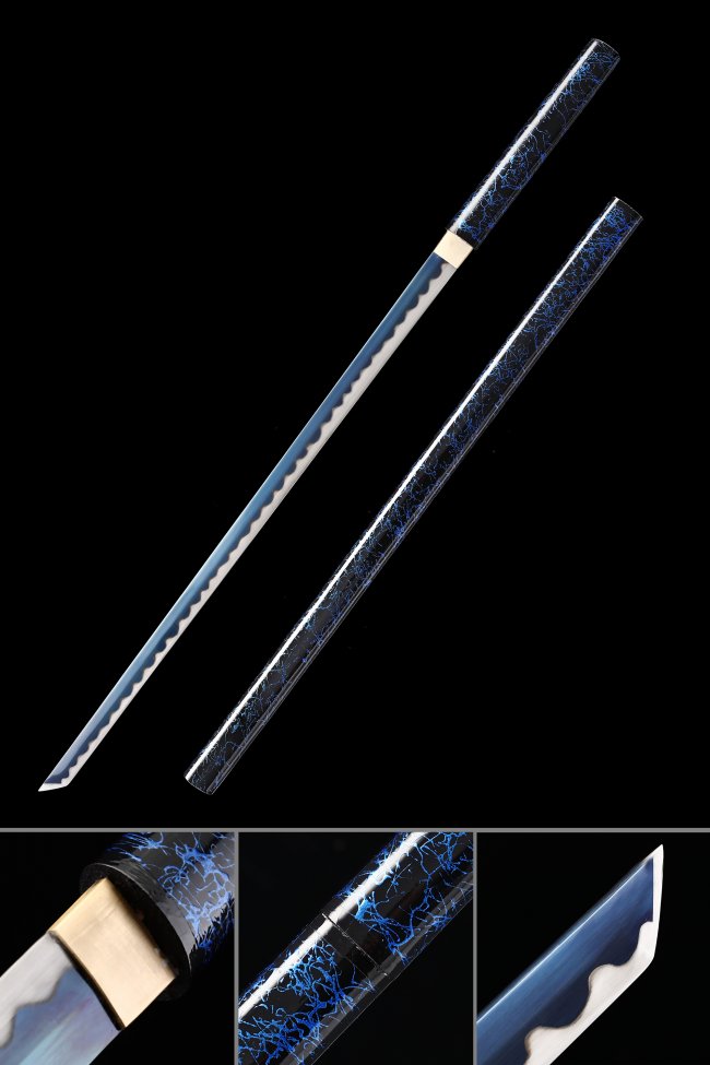 Zatoichi Stick Sword in Blue 1095 Carbon Steel with Lightning-Pattern Black-Blue Shirasaya