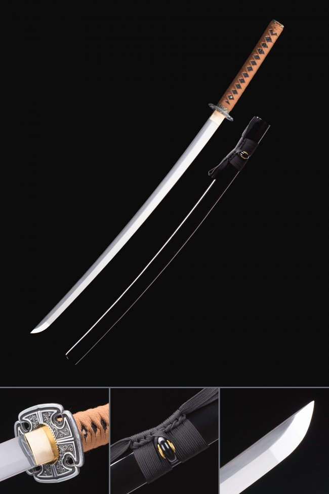 1060 Manganese Steel Katana with Brown Tsuka, Silver Scroll Tsuba & Black Lacquer Saya