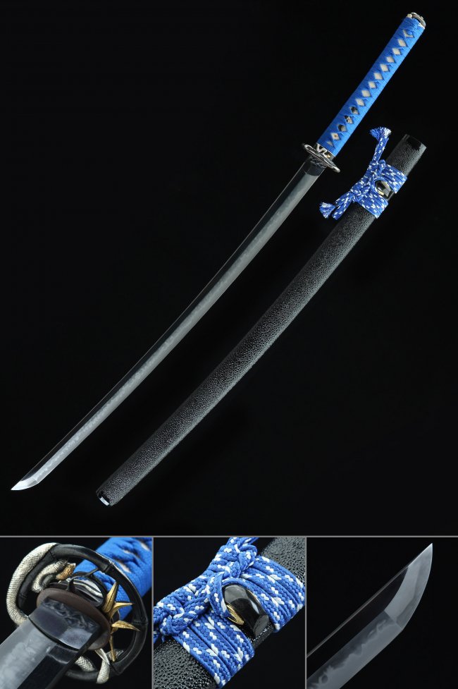 Round Plain Tsuba T10 Carbon Steel Katana, Black Saya & Blue Tsuka