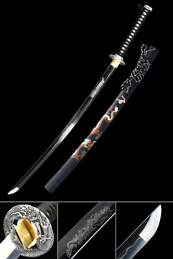 1090 Carbon Steel Katana with Dragon-Engraved Blade, Black Lacquer Dragon Saya & Silver Tsuba