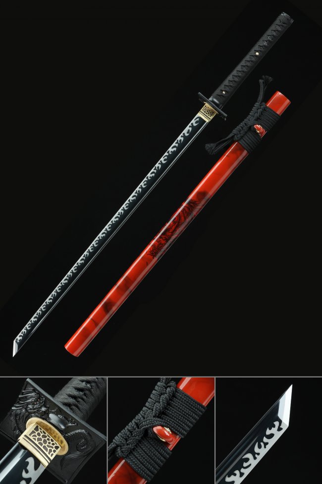 Chokuto Ninjato Sword 1045 Carbon Steel with Flame Engraved Black Blade in Red Dragon Saya