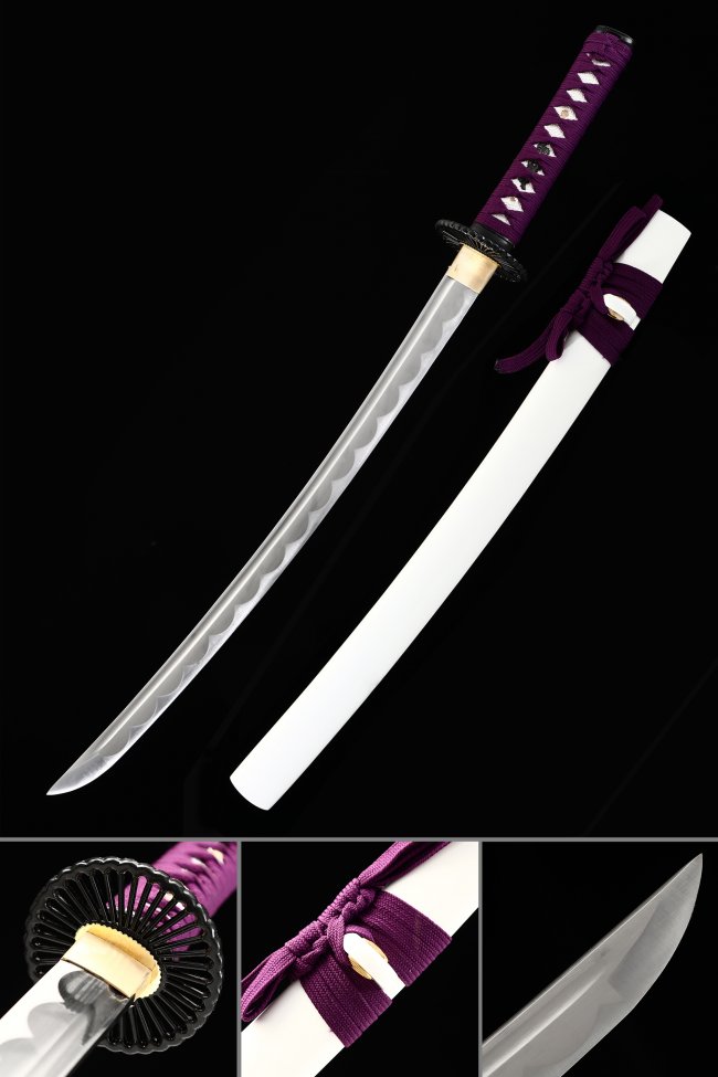 1045 Carbon Steel Wakizashi Sword Full Tang with Purple Tsuka Wrap and White Piano Lacquer Saya