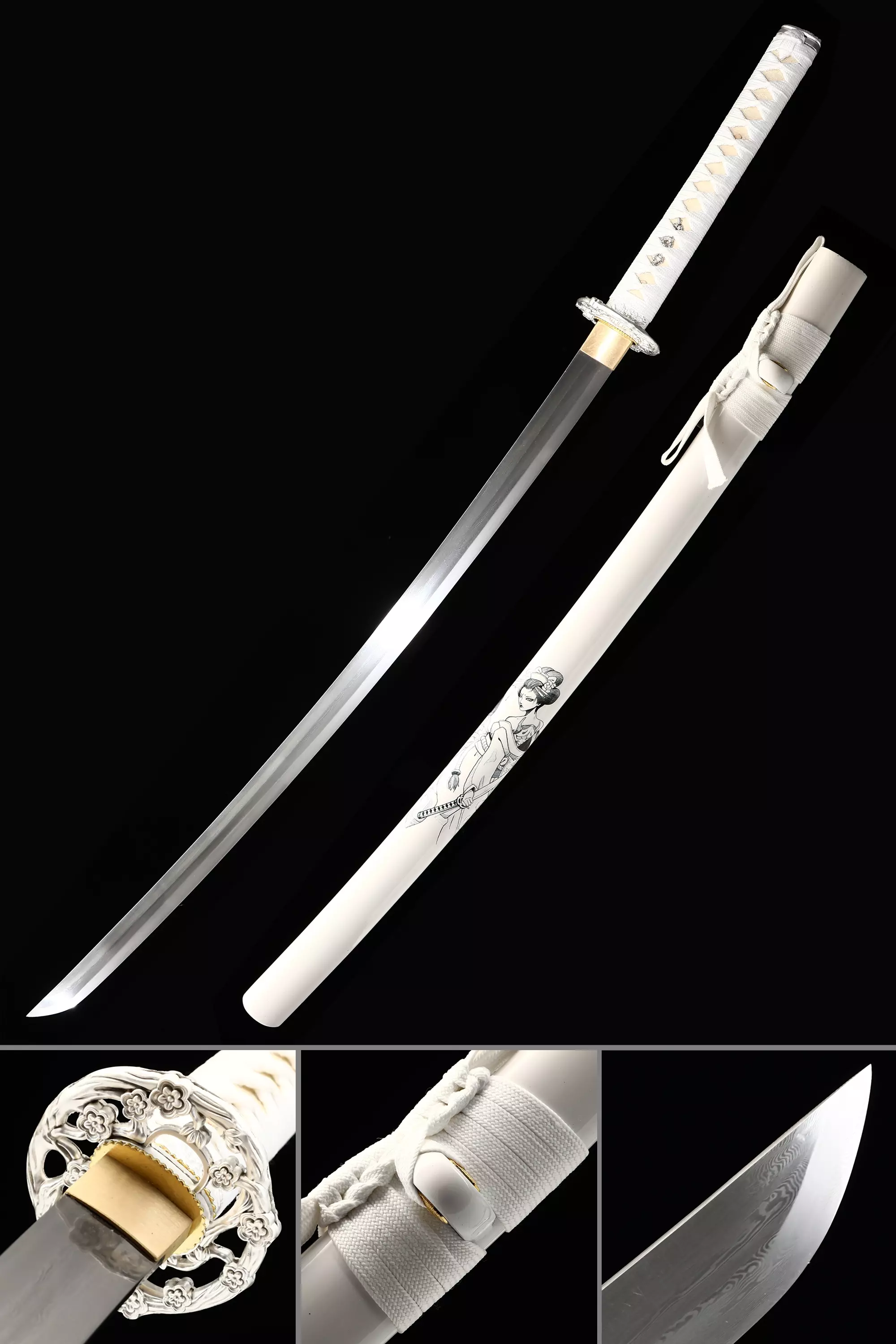 White Katana | Handmade Japanese Katana Sword Damascus Steel With White ...