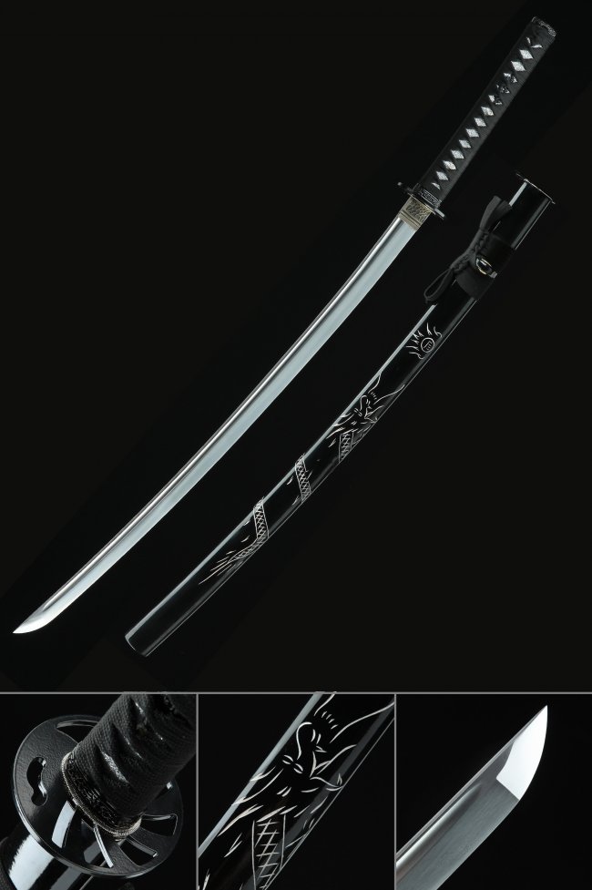 Manganese Steel Katana with Dragon-Engraved Black Lacquer Saya and Iron Tsuba - Full Tang Collectible Sword