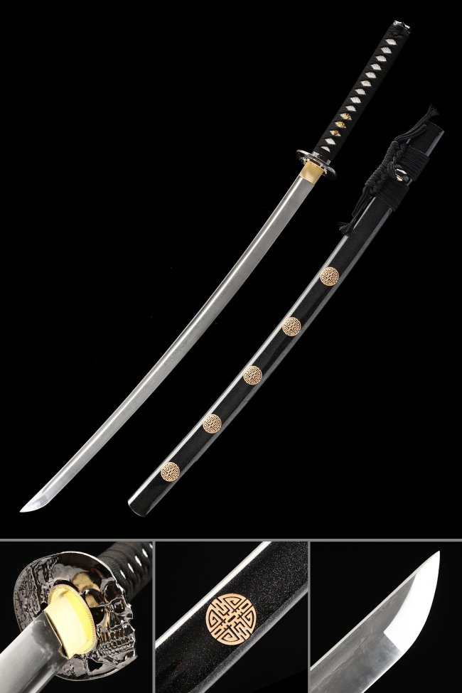 Damascus Steel Katana with Skull Tsuba - Black Lacquer Saya & Gold Medallion Accents