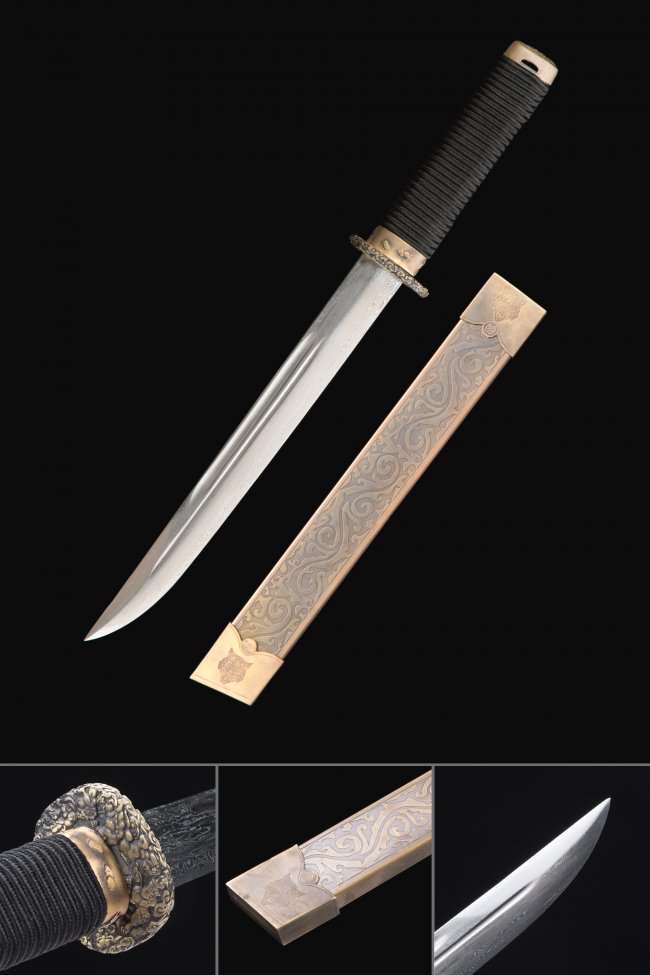 Damascus Steel Straight Tanto with Engraved Copper Saya - Black Cord Handle, Bronze Tsuba