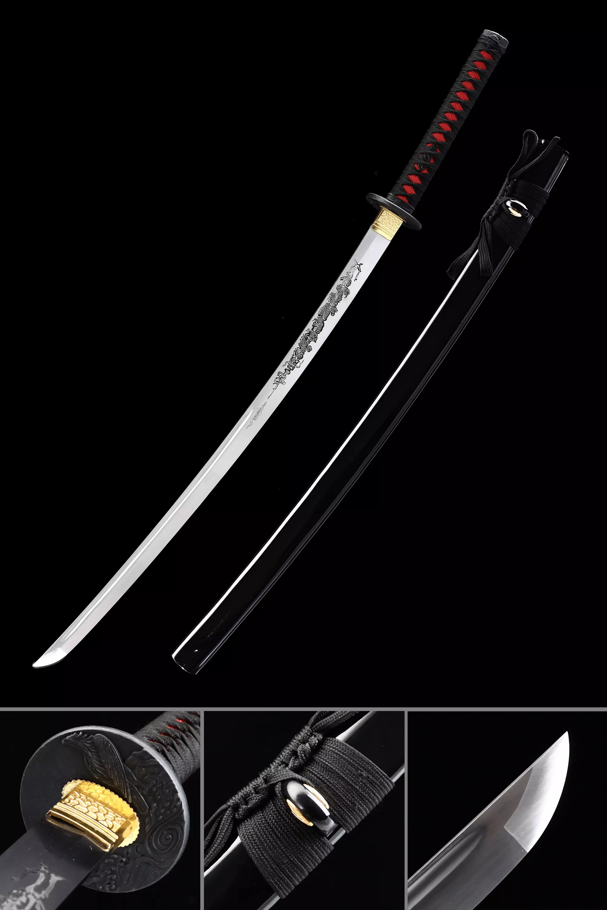 Black Katana Japanese Katana Sword Pattern Blade With Carving Blade