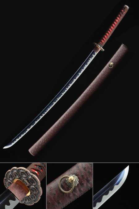 Handmade Japanese Samurai Sword 1045 Carbon Steel With Blue Blade And Brown Scabbard