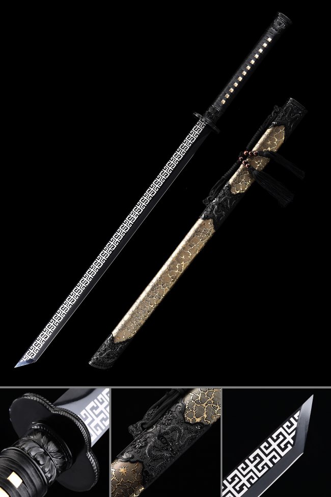 Manganese Steel Ninjato with Black Blade & Gold-Black Dragon Leather Scabbard - Chokuto Style