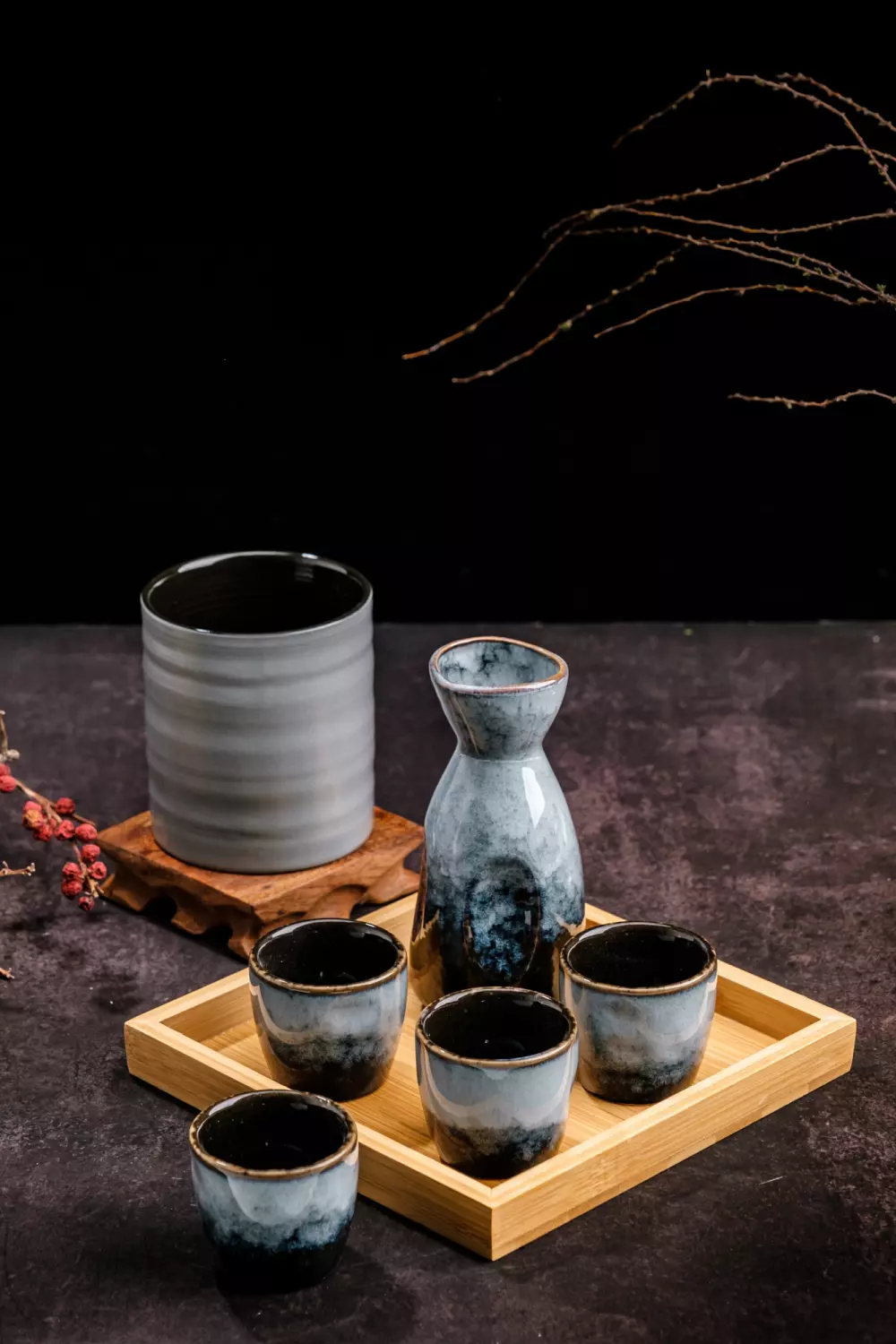 SAKE SET - Mist Green Design  Ceramic Bottle, Cups & Bamboo Tray