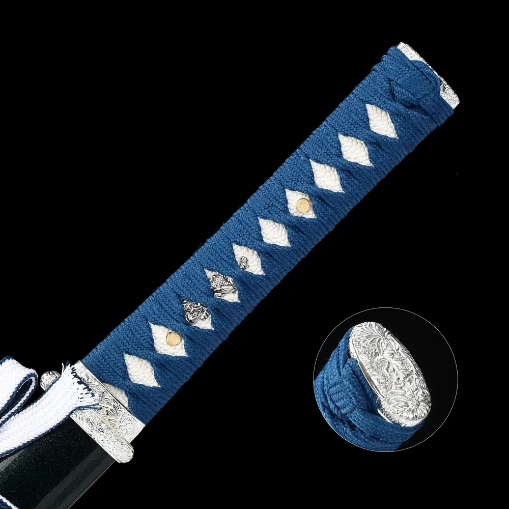Ninjato | Damascus Steel Ninjato with Blue Ito, Real Rayskin