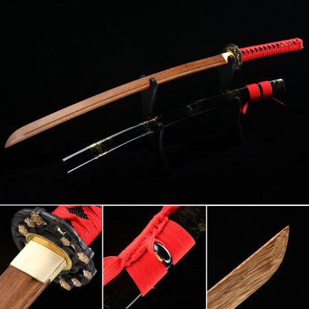 Handmade Japanese Wooden Sword With Brown Blade And Black Scabbard
