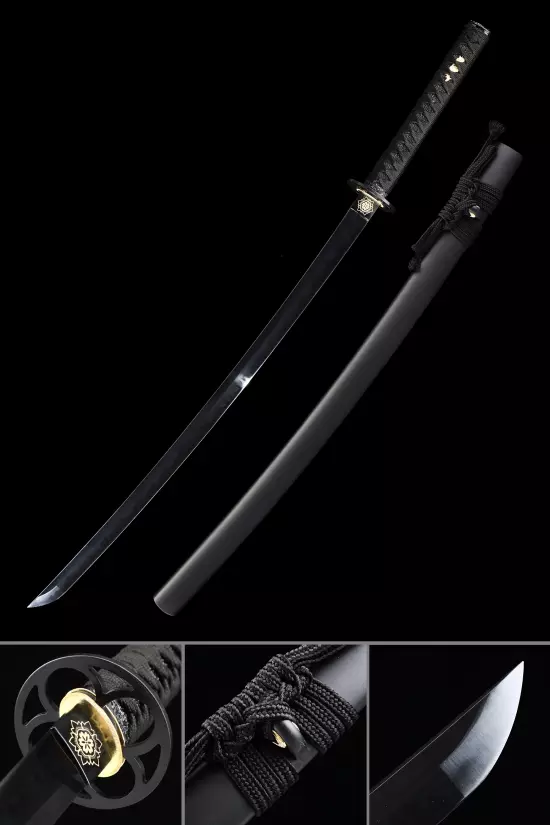 Handmade Japanese Sword T10 Folded Clay Tempered Steel Real Hamon Full Tang With Black Scabbard