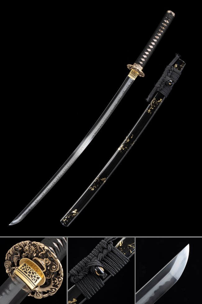 T10 Steel Hand-Forged Katana with Clay Tempered Blade in Black Lacquer Saya - Gold Dragon Tsuba