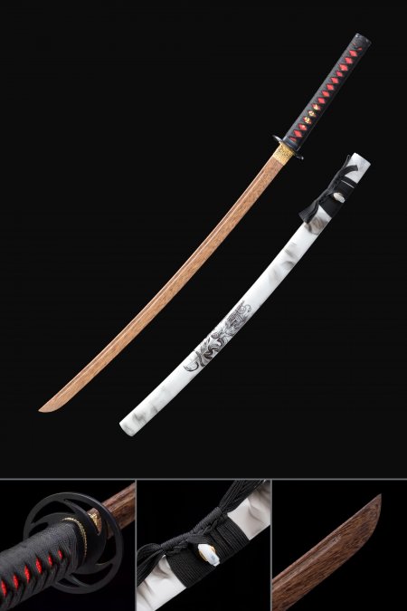 Handmade Brown Wooden Blade Bokken Practice Katana Samurai Sword With White Scabbard