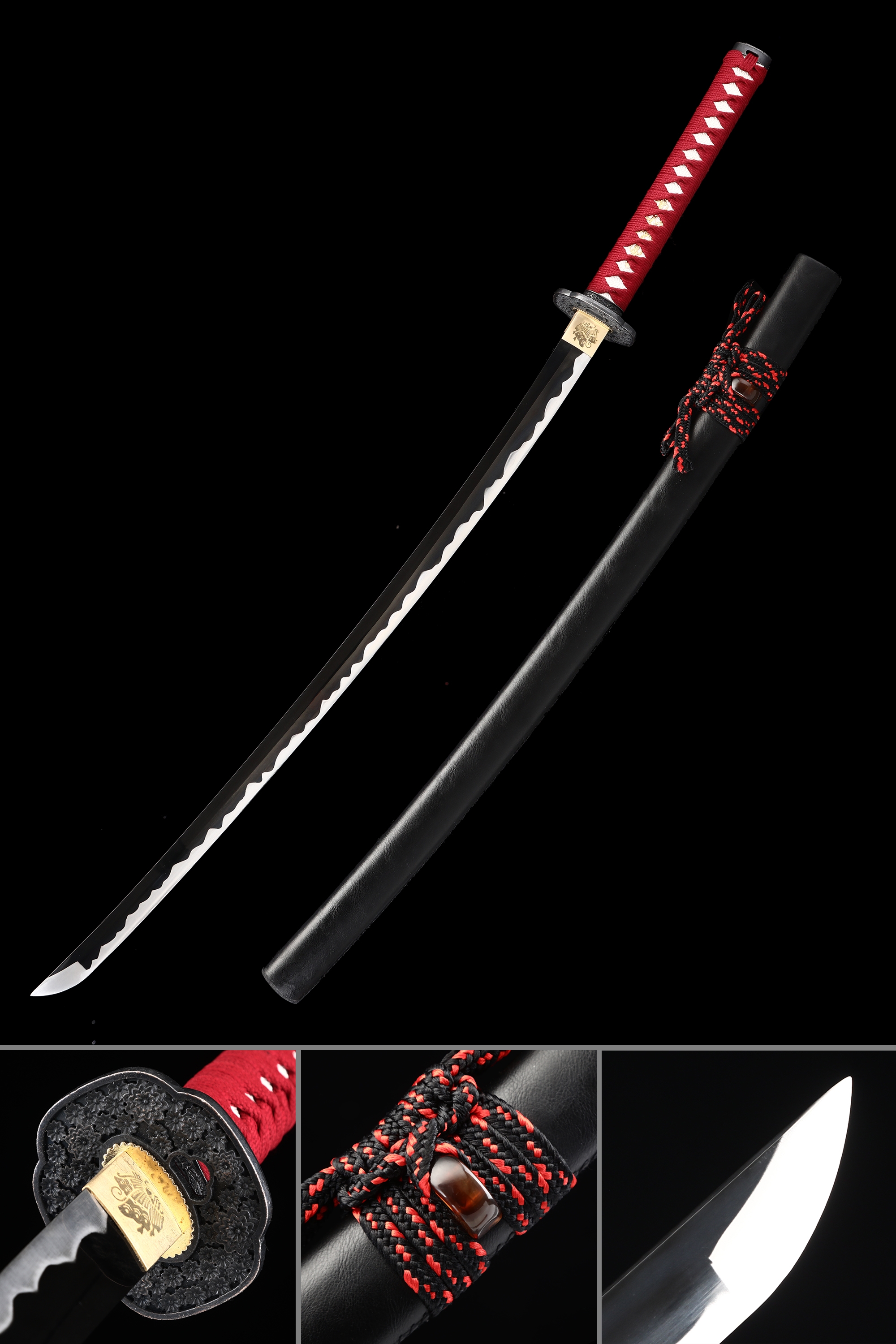 Handmade Japanese Samurai Sword With Black Blade And Red Handle