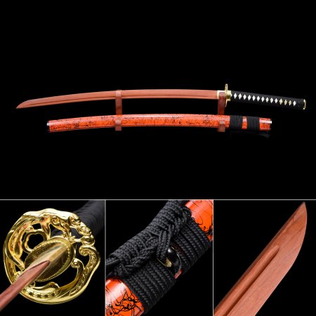 Handmade Rosewood Blade Unsharpened Katana Sword With Red Scabbard And Kirsite Tsuba