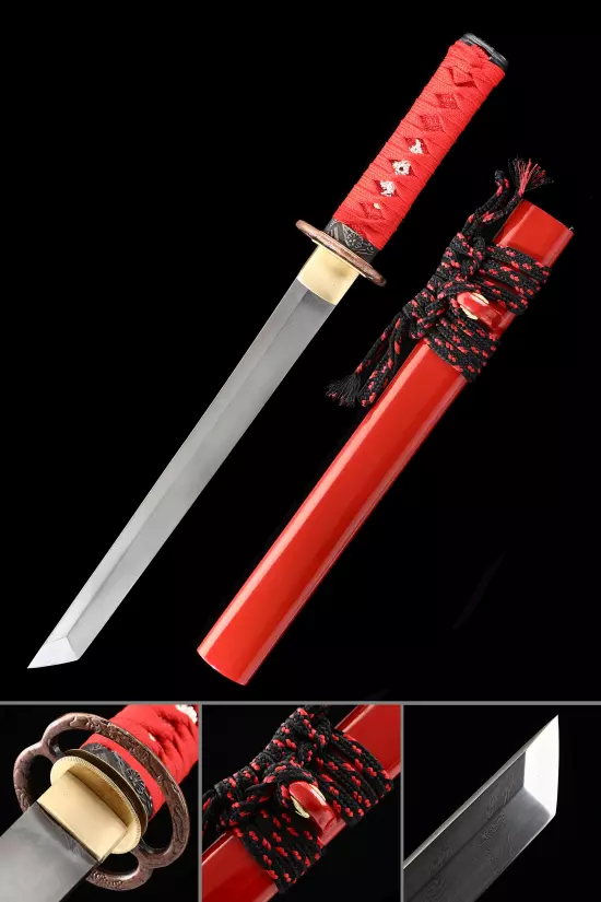 Handmade Japanese Short Tanto Sword Pattern Steel With Red Scabbard