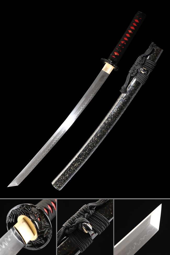 T10 Folded Clay Tempered Wakizashi Sword with Real Hamon in Black Gold-Flecked Saya and Red Samegawa