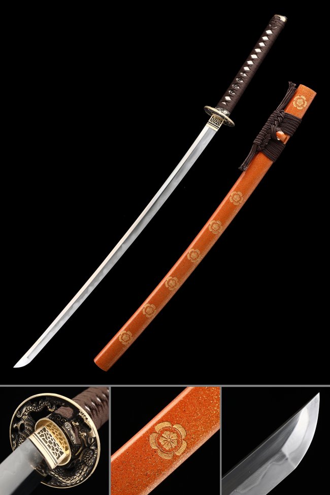 Damascus Steel Katana with Real Hamon in Orange Hardwood Saya - Dragon Tsuba, Brown Ito