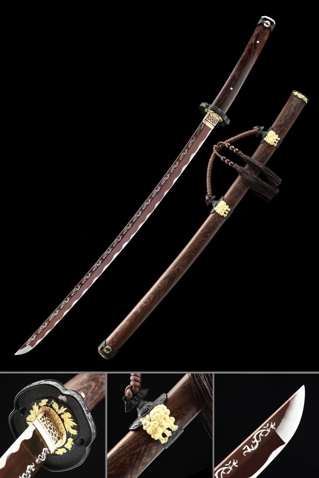 Nodachi Sword 1095 Carbon Steel Dark Red Blade with Vine Engraving, Brown Hardwood Saya, Chrysanthemum Tsuba
