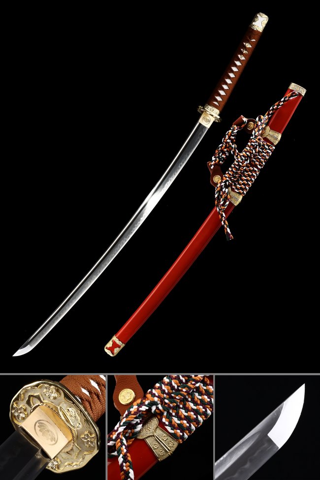 T10 Steel Tachi Odachi with Real Hamon in Red Lacquer Saya - Gold Tsuba, Brown Cord Handle