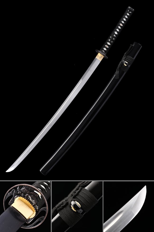 Stainless Steel Full Tang Katana with Black Piano Lacquer Saya and Alloy Dragon Tsuba - Collectible Japanese Sword