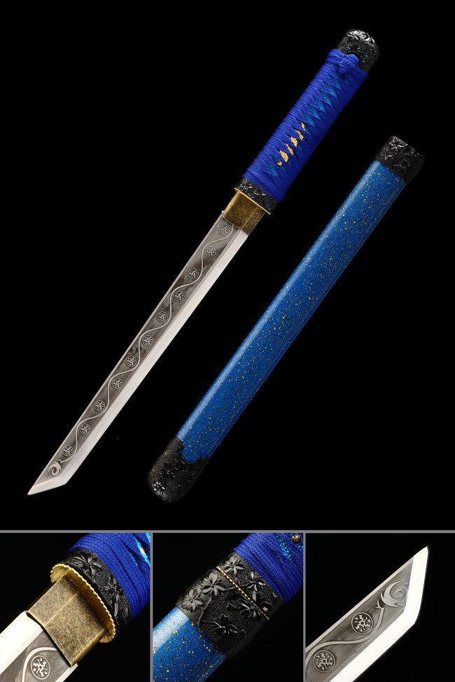 Manganese Steel Tanto with Engraved Blade in Blue Saya - Blue Cord Handle
