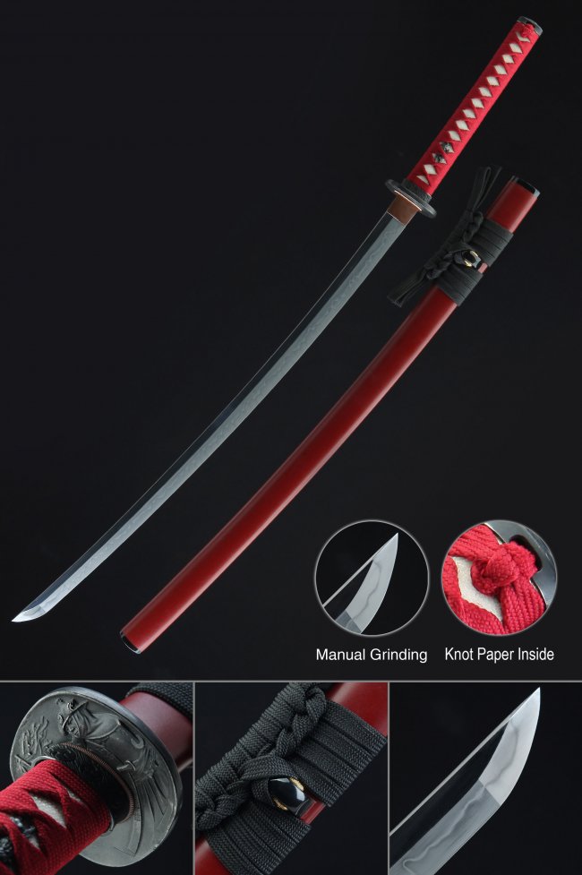 T10 Carbon Steel Katana with Real Hamon, Red Saya & Samurai Iron Tsuba