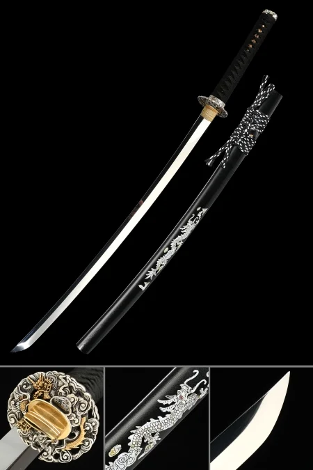 Handcrafted Japanese Samurai Sword 1095 Carbon Steel With Dragon Theme Scabbard