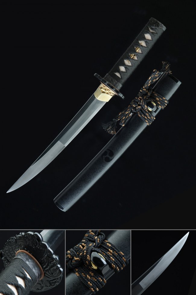 T10 Carbon Steel Tanto with Real Hamon - Black Cord Handle, Gold Alloy Tsuba, Black Lacquer Saya