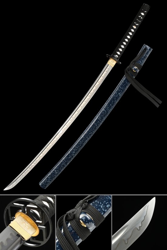 1095 Carbon Steel Katana with Blue Marble Hardwood Saya - Full Tang, Real Hamon, Black Cord Handle