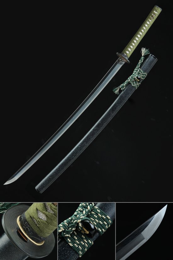 Tamahagane Steel Katana with Hamon Blade in Black Saya & Green Ito Wrap
