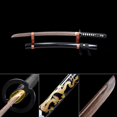 Handmade Brown Wooden Blade Unsharpened Wakizashi Sword With Black Scabbard And Iron Tsuba