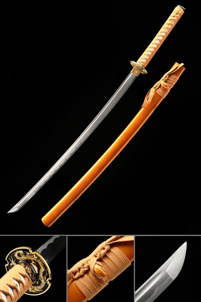 1045 Carbon Steel Japanese Sword with Orange Piano Lacquer Saya and Gold Dragon Tsuba