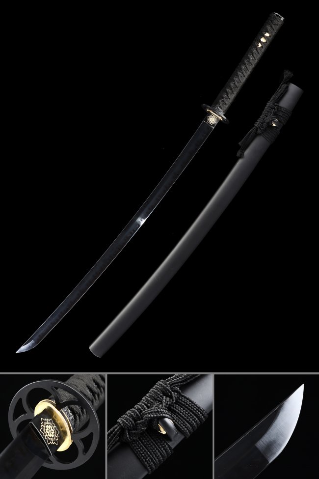 T10 Folded Clay Tempered Steel Black Katana with Real Hamon - Full Tang Sword in Black Saya with Iron Tsuba