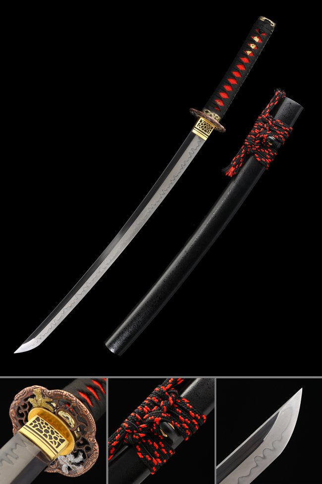 T10 Steel Wakizashi with Dragon Tsuba in Black & Red - Hamon Blade, Hardwood Lacquer Saya