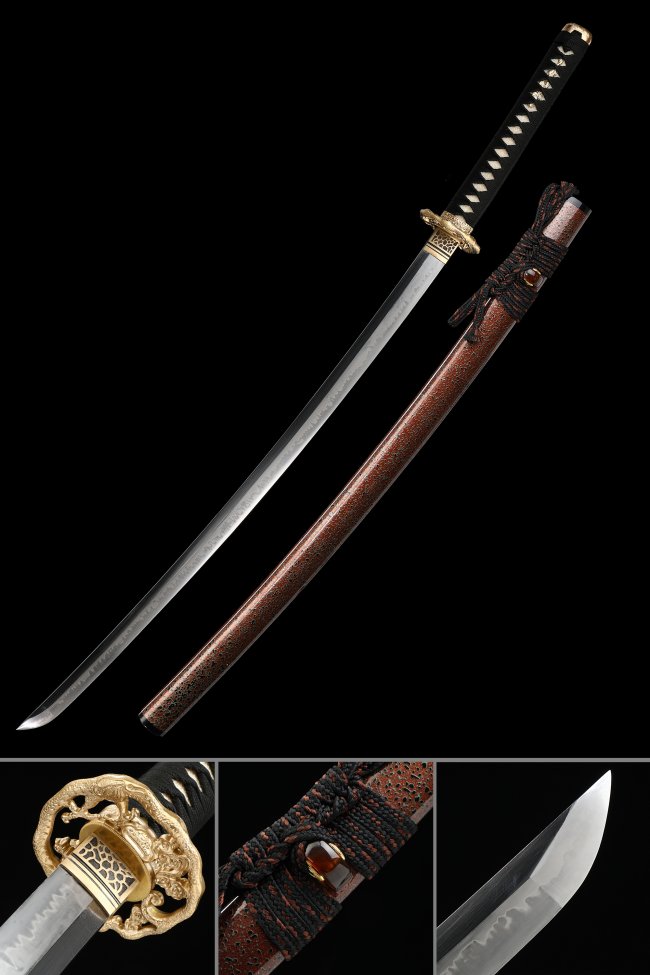 T10 Carbon Steel Katana with Real Hamon, Gold Dragon Tsuba in Brown Lacquer Saya