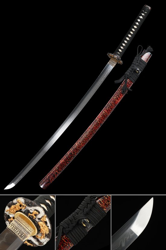 Lion Tsuba T10 Carbon Steel Katana, Full Tang, Handcrafted & Dark Red Lightning Saya
