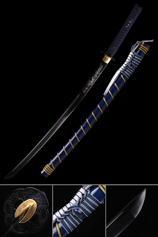 1090 Carbon Steel Black Blade Katana with Dragon Engraving - Dark Blue Lacquer Saya, Geometric Alloy Tsuba