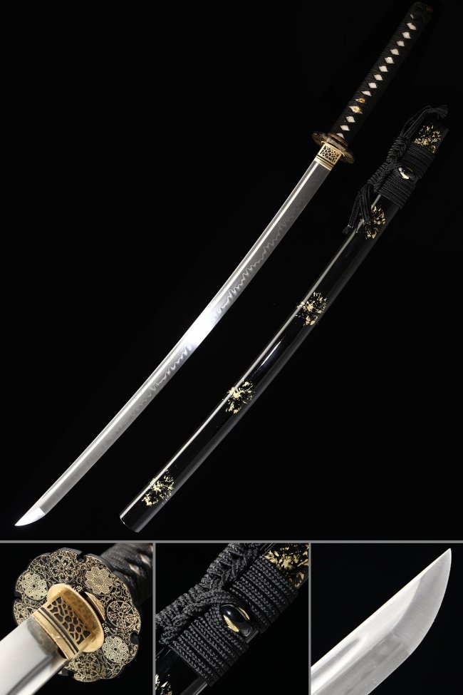 T10 Carbon Steel Katana with Black Piano Lacquer Saya - Gold Floral Tsuba, Clay Tempered Hamon