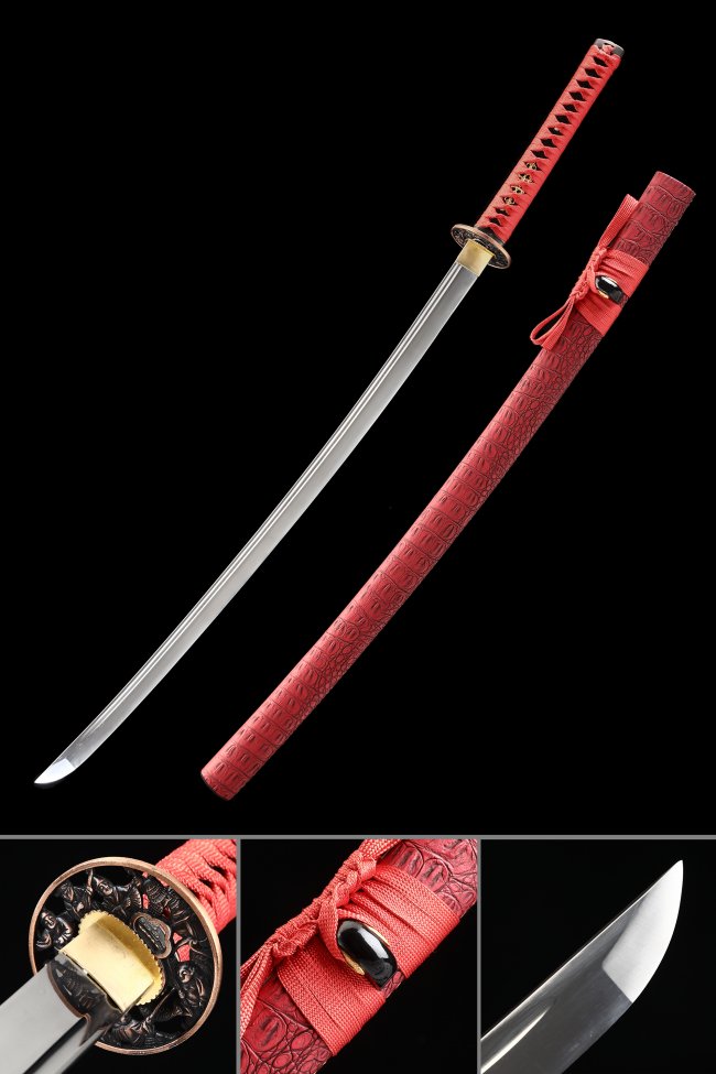 Manganese Steel Katana with Red Leather Saya - Bronze Samurai Tsuba, Full Tang Blade