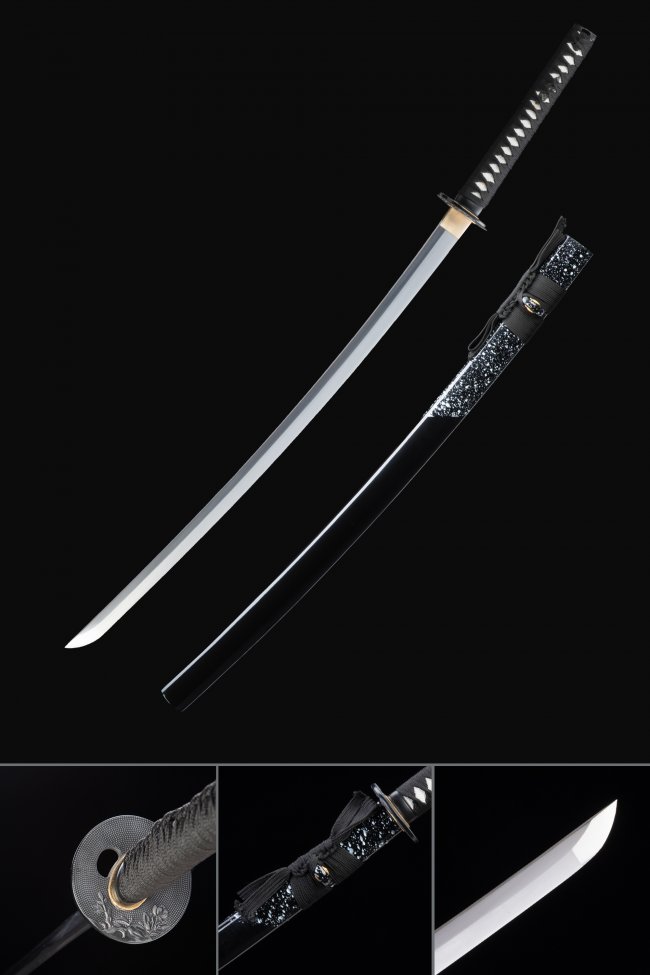 Traditional Katana in High Manganese Steel with Black Lacquer Saya - Gray Round Tsuba, Black-White Tsuka