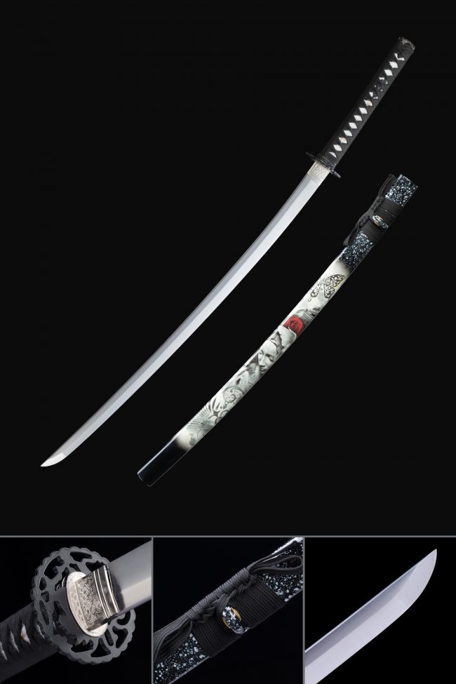Manganese Steel Katana with Butterfly-Print Hardwood Saya in White-Black and Black Iron Tsuba