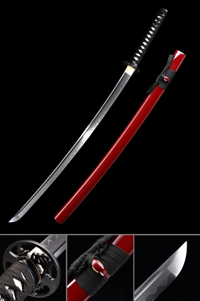 T10 Folded Clay Tempered Steel Katana with Real Hamon in Red Piano Lacquer Saya - Black Cord Tsuka Collectible Sword